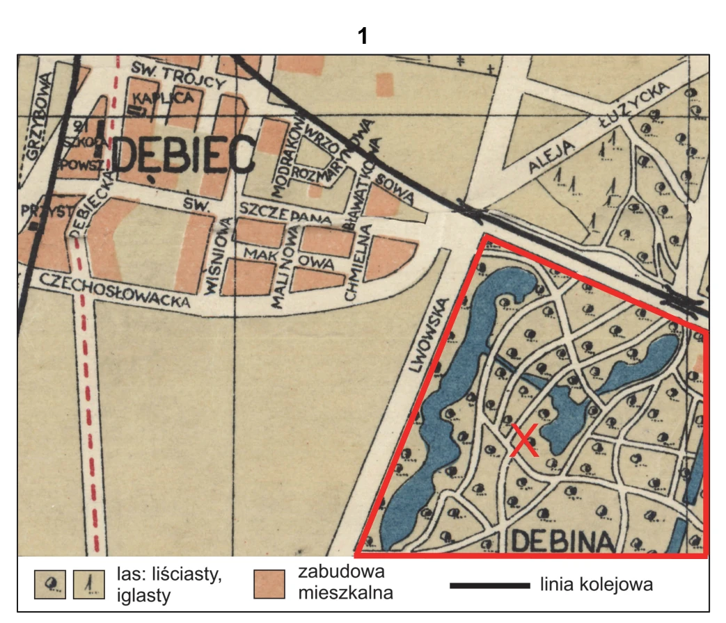 Plan fragmentu Poznania z 1935 roku z osiedlem Dębiec; literą X oznaczono obszar położony w pobliżu rzeki.