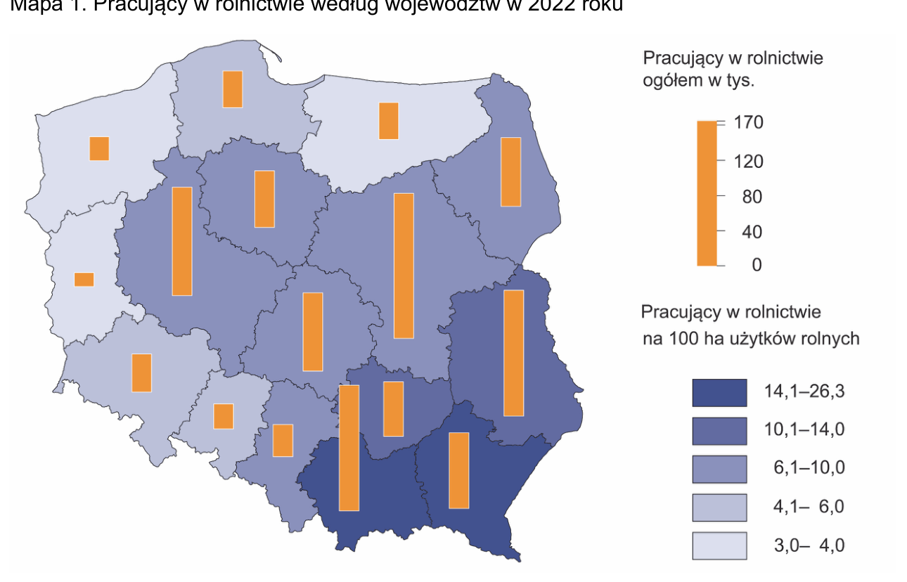 Mapa Polski z liczbą pracujących w rolnictwie ogółem i na 100 ha użytków rolnych według województw w 2022 roku.