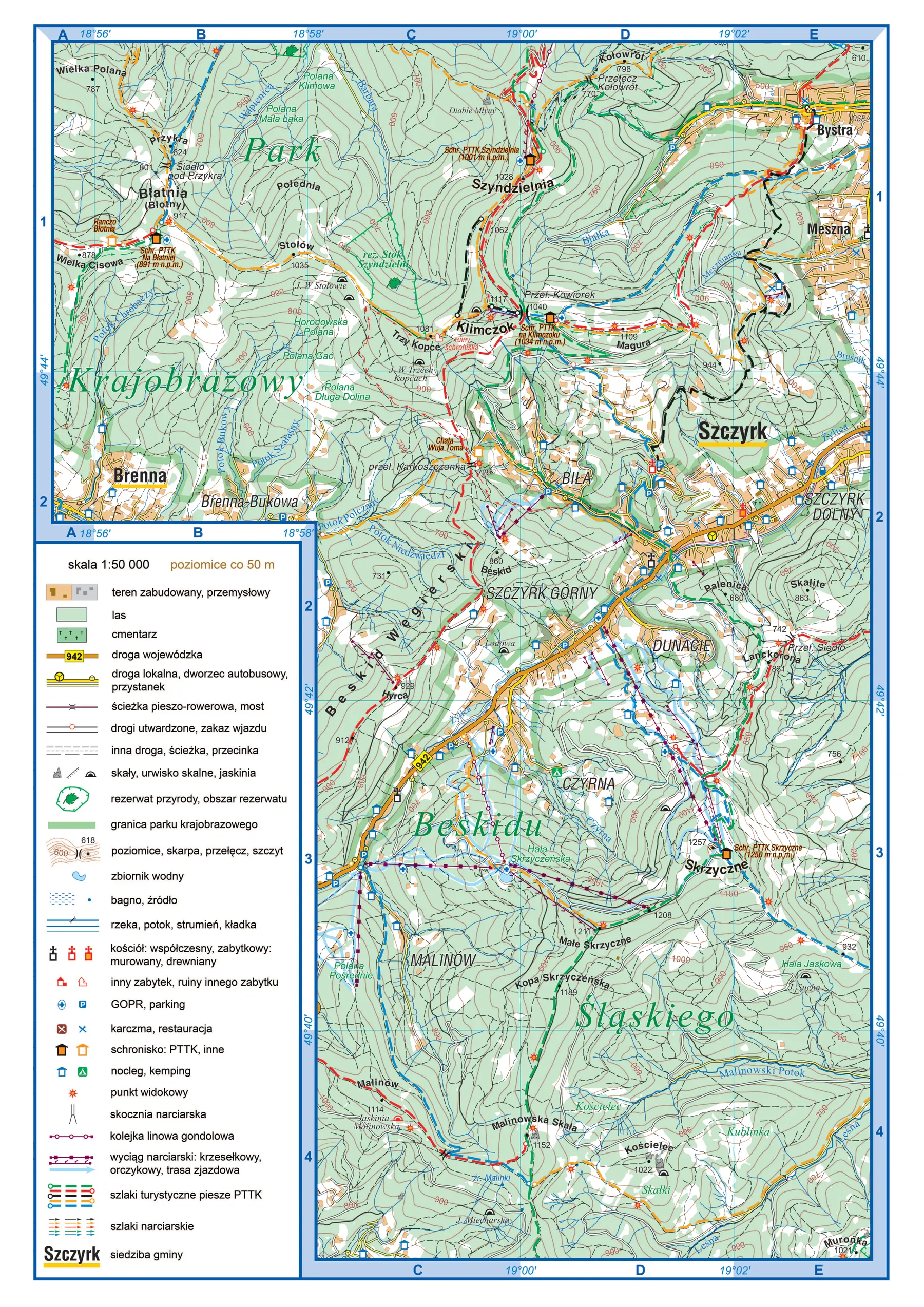 Mapa szczegółowa fragmentu Beskidu Śląskiego (osobna wkładka do arkusza) z poziomicami, szlakami turystycznymi, siatką kwadratów i legendą.