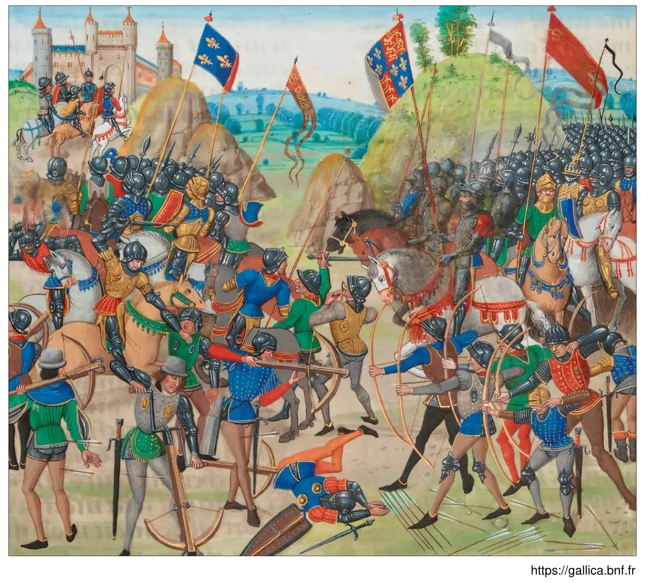 Barwna miniatura przedstawiająca bitwę pod Crécy w 1346 roku: starcie rycerzy, kuszników i łuczników dwóch stron, nad wojskami chorągwie ze złotymi liliami i lwami.