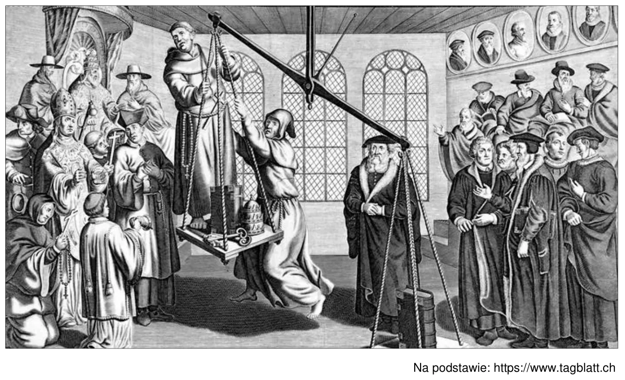 Rycina z XVI wieku – scena alegoryczna z wielką wagą: na jednej szali symbole Kościoła katolickiego i zakonnicy, na drugiej Biblia; po bokach duchowni katoliccy oraz grupa skromnie ubranych mężczyzn.