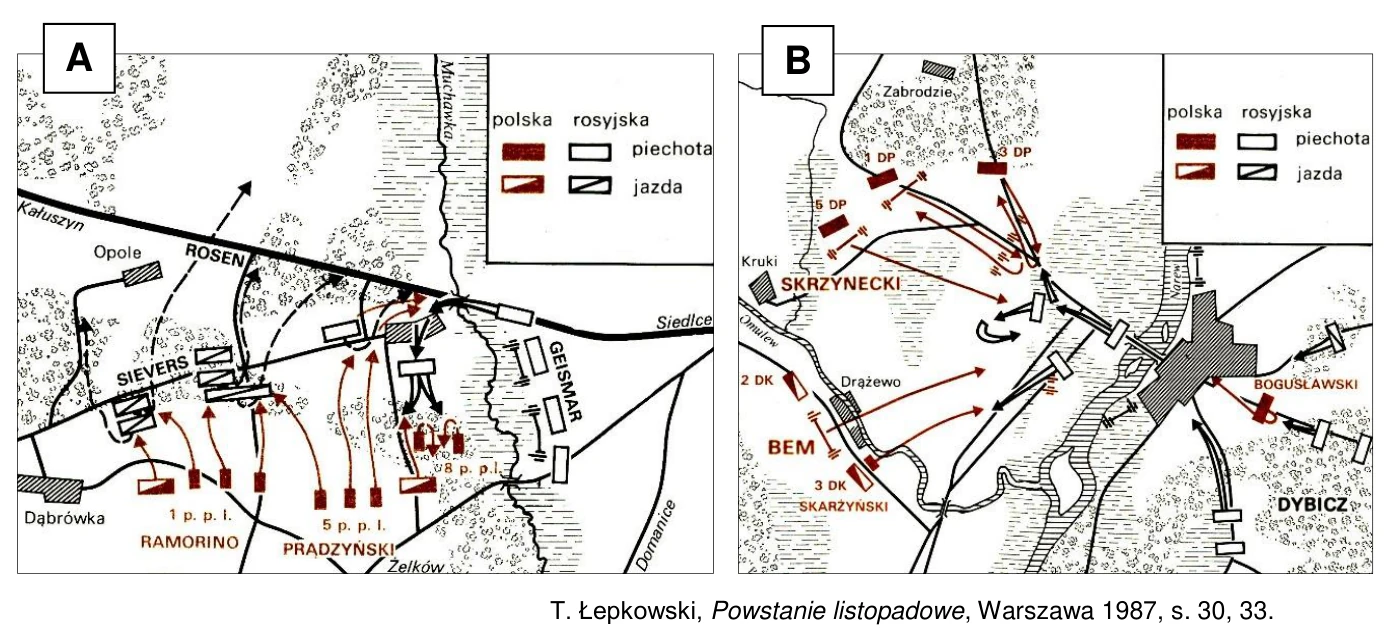 Dwa plany bitew z okresu powstania listopadowego (A i B) z legendą wojsk polskich i rosyjskich, piechoty i jazdy; zaznaczone ruchy oddziałów, m.in. Ramorino, Prądzyński, Skrzynecki, Bem i Dybicz.