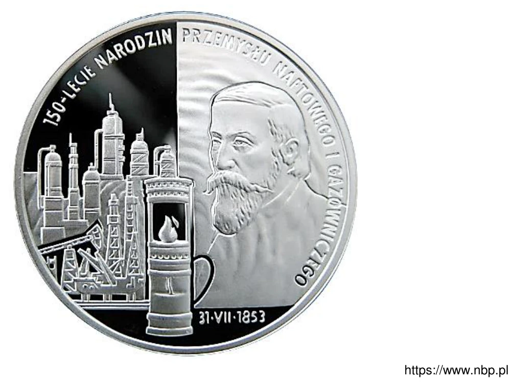 Moneta okolicznościowa z napisem „150-lecie narodzin przemysłu naftowego i gazowniczego” i datą 31-VII-1853: portret brodatego mężczyzny, szyby naftowe, zabudowania przemysłowe i lampa naftowa.