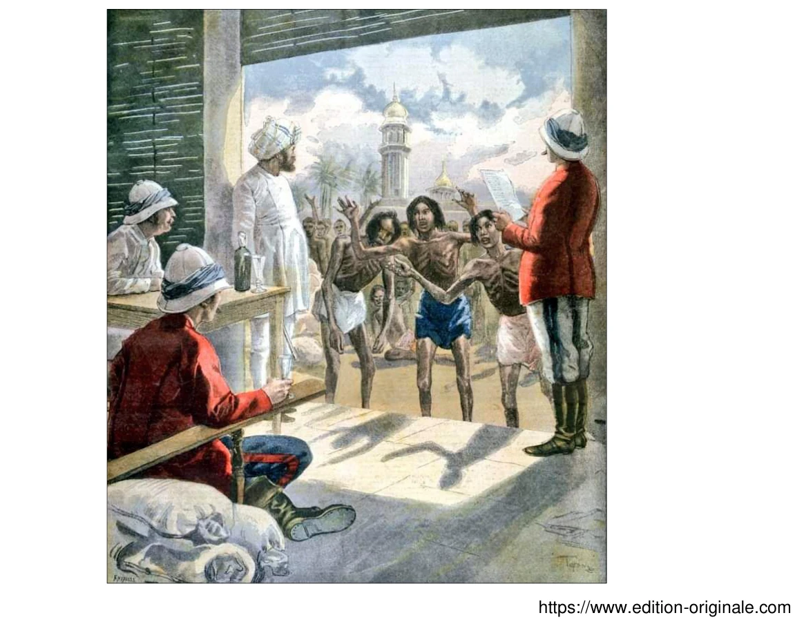 Ilustracja z czasopisma „Le Petit Journal” z 1897 roku: dobrze ubrani Brytyjczycy w hełmach tropikalnych siedzą w cieniu, a przed nimi stoją wychudzeni, zrozpaczeni Hindusi.