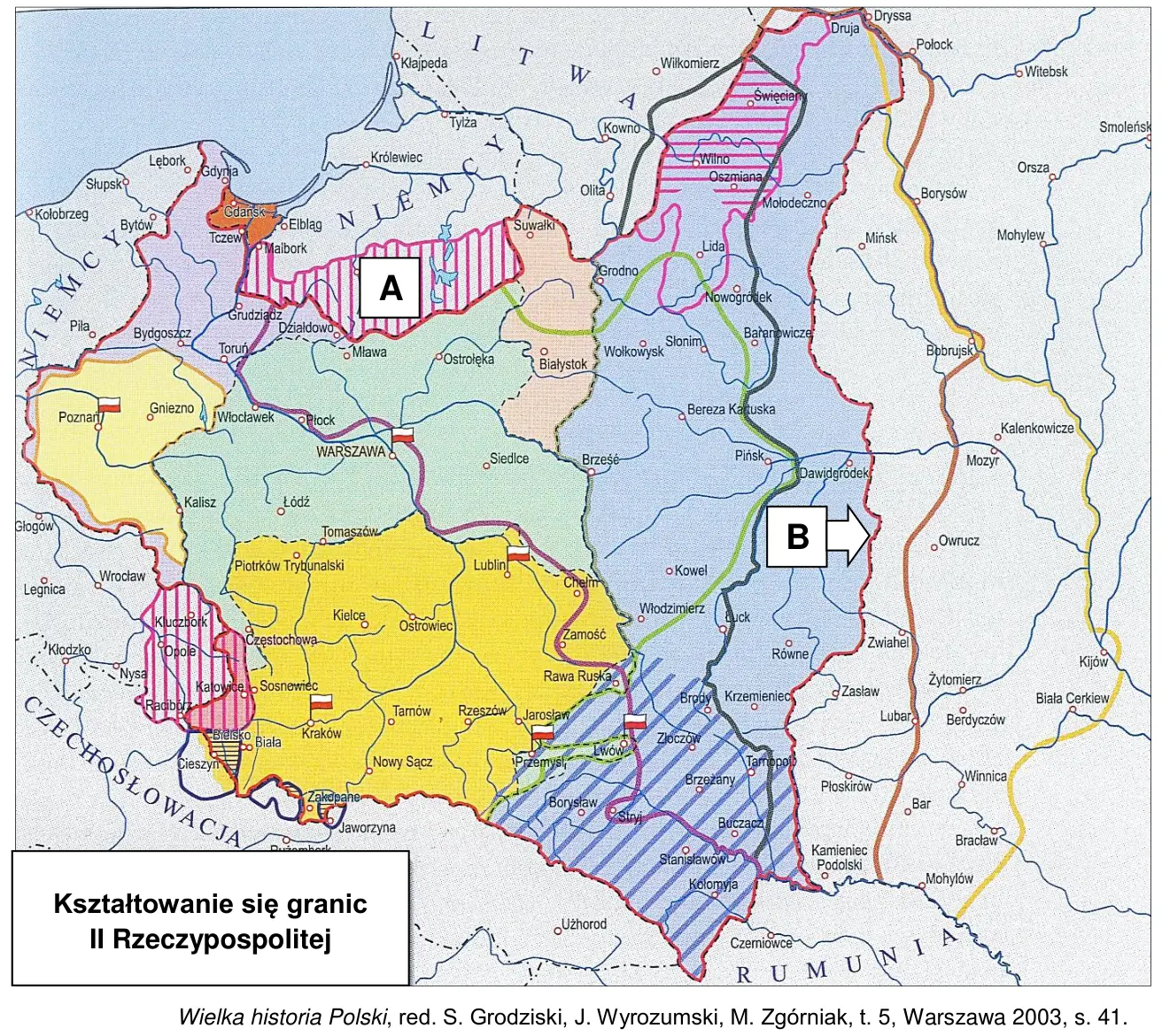 Mapa „Kształtowanie się granic II Rzeczypospolitej” z zaznaczonymi obszarami granicznymi; litera A na północy, w rejonie Warmii i Mazur, litera B ze strzałką przy granicy wschodniej.