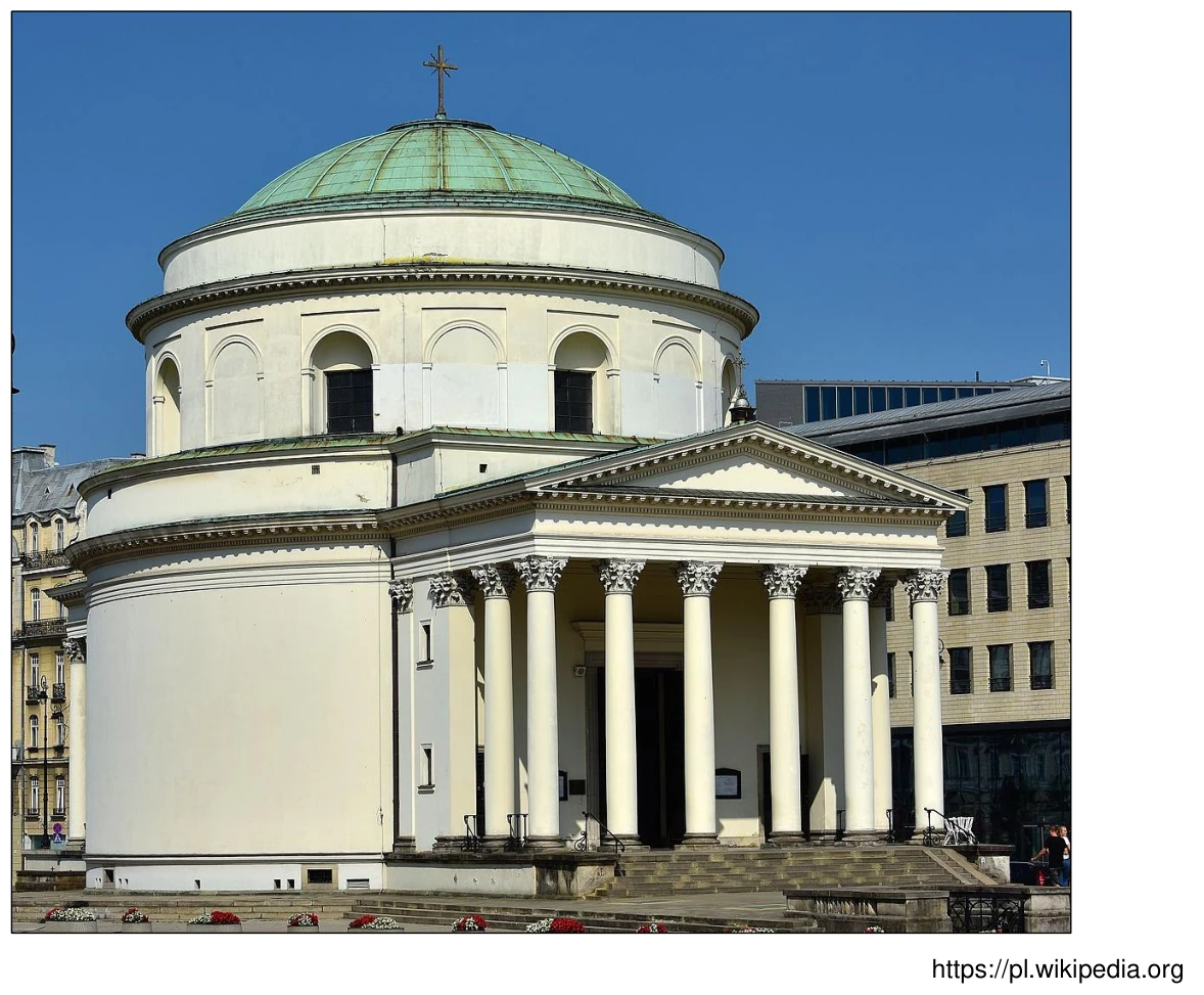 Współczesna fotografia kościoła św. Aleksandra w Warszawie – klasycystycznej budowli na planie centralnym z kopułą i portykiem kolumnowym zwieńczonym trójkątnym frontonem.