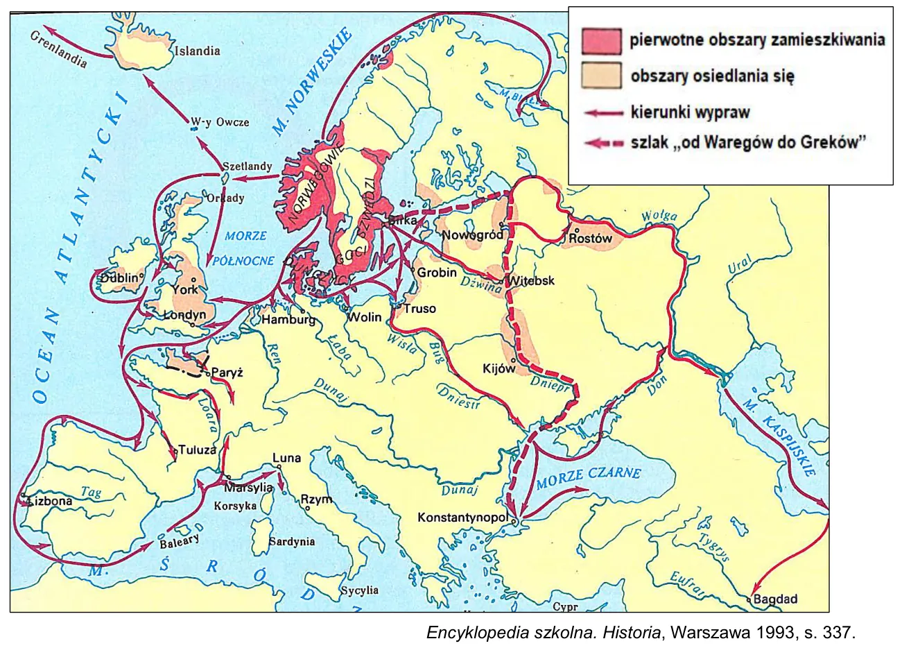 Mapa Europy przedstawiająca trasy średniowiecznych wypraw: pierwotne obszary zamieszkiwania, obszary osiedlania się, kierunki wypraw oraz szlak „od Waregów do Greków”.