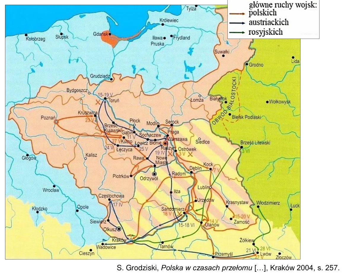 Mapa działań wojennych na ziemiach polskich z zaznaczonymi głównymi ruchami wojsk polskich, austriackich i rosyjskich oraz datami walk przy miejscowościach.