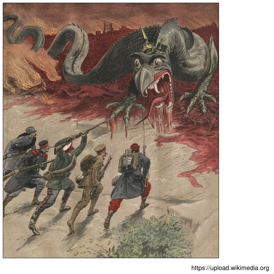 Plakat z okresu I wojny światowej: żołnierze w różnych mundurach atakują bagnetami olbrzymiego potwora z ptasim dziobem, w pikielhaubie i austriackiej czapce, na tle płonącego krajobrazu.