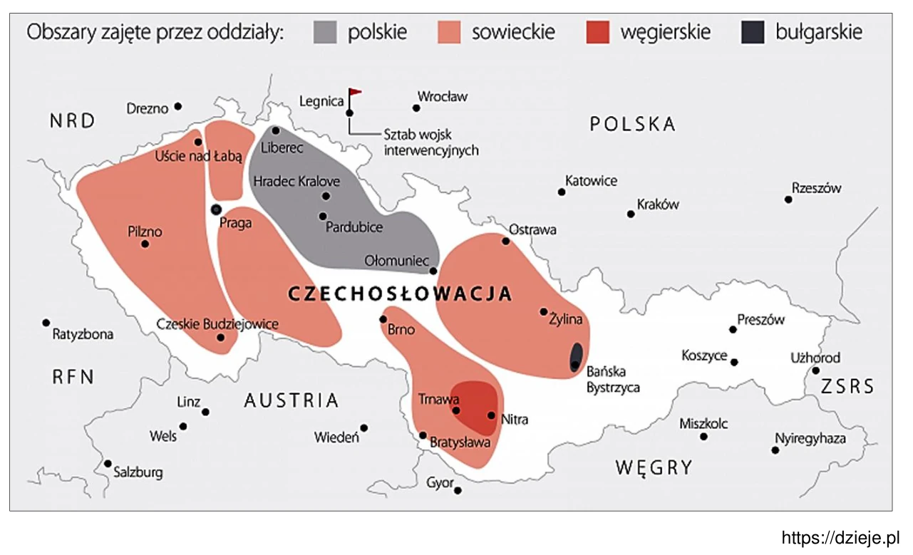 Mapa Czechosłowacji i państw sąsiednich z obszarami zajętymi przez oddziały polskie, sowieckie, węgierskie i bułgarskie oraz zaznaczonym sztabem wojsk interwencyjnych w Legnicy.