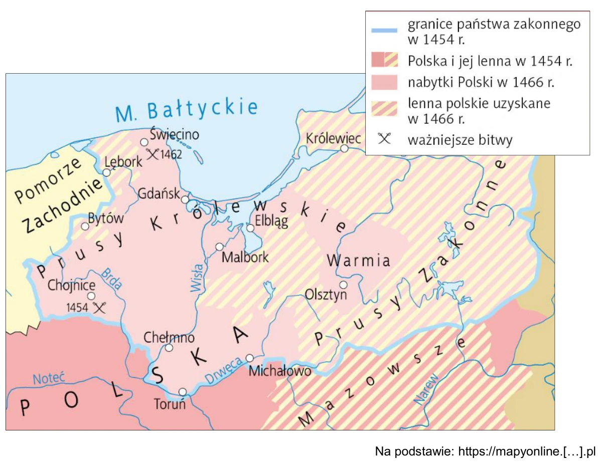 Mapa ziem nad Bałtykiem: granice państwa zakonnego w 1454 roku, Polska i jej lenna w 1454 roku, nabytki Polski i lenna polskie z 1466 roku oraz bitwy pod Chojnicami (1454) i Świecinem (1462).