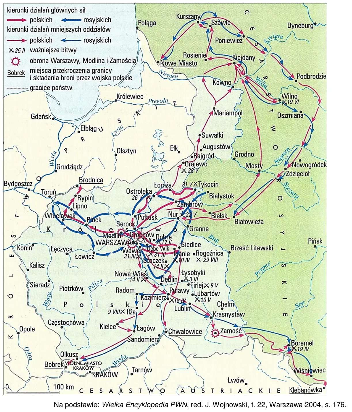 Mapa ziem polskich w czasie jednego z powstań narodowych: kierunki działań wojsk polskich i rosyjskich, ważniejsze bitwy z datami oraz obrona Warszawy, Modlina i Zamościa.