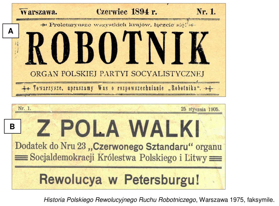 Strony tytułowe dwóch czasopism: A – „Robotnik. Organ Polskiej Partii Socjalistycznej” z czerwca 1894 roku, B – „Z Pola Walki”, dodatek do „Czerwonego Sztandaru” z 25 stycznia 1905 roku.