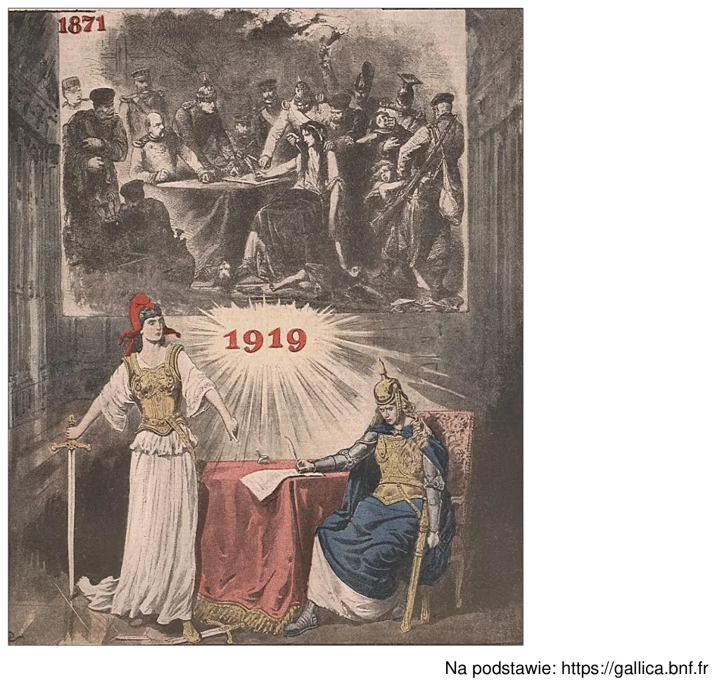 Francuski rysunek z 1919 roku „Twoja kolej, Germanio!”: u góry ponura scena z datą 1871, u dołu data 1919 w aureoli, Marianna we frygijskiej czapce i siedząca postać w hełmie z dokumentem.