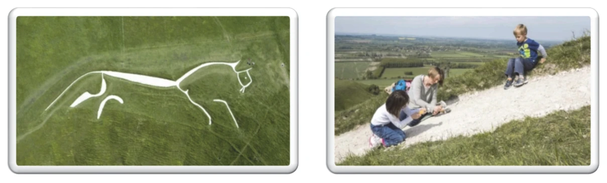 Dwie fotografie do tekstu „Chalking Day”: widok z lotu ptaka na Białego Konia z Uffington wyciętego w kredowym zboczu oraz rodzina odnawiająca kredę na zboczu.