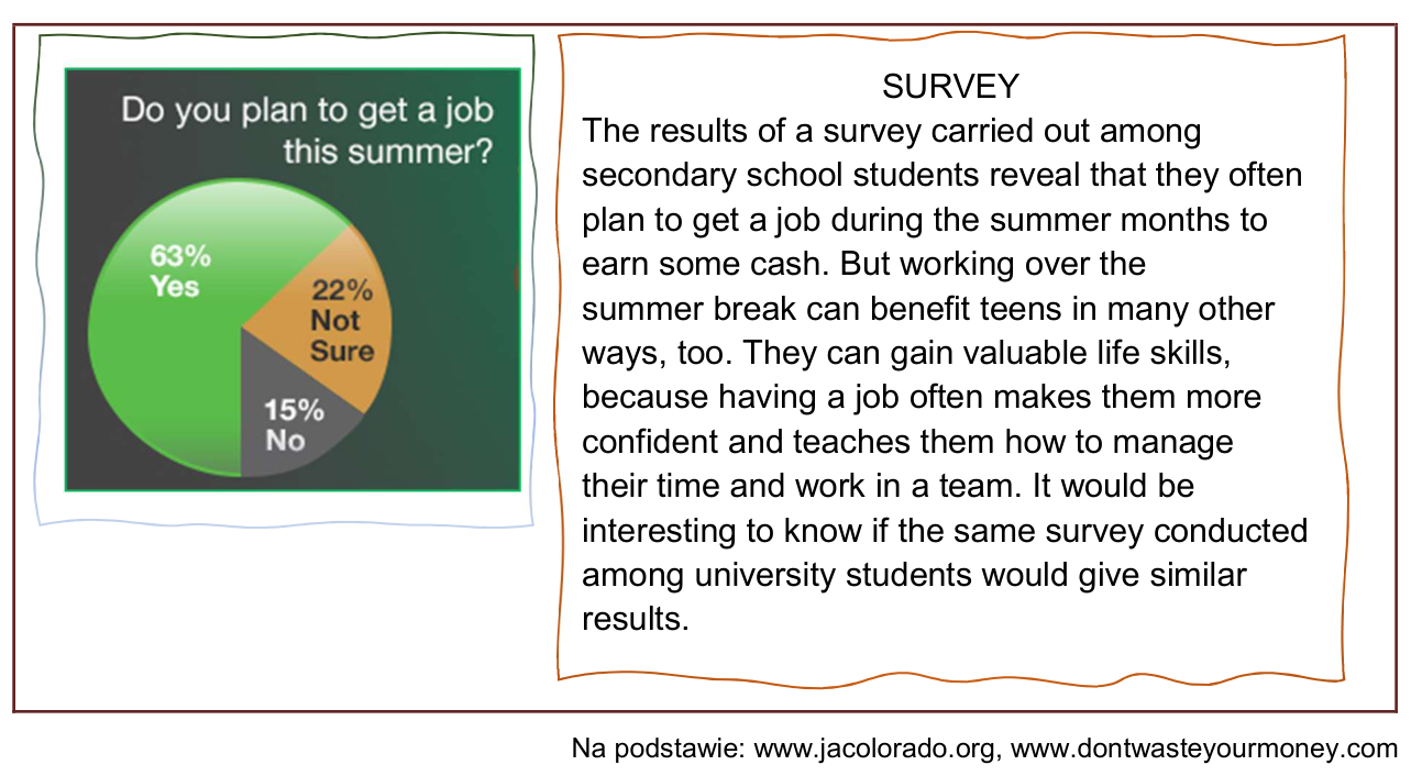 Tekst „Survey” z wykresem kołowym odpowiedzi na pytanie „Do you plan to get a job this summer?”.