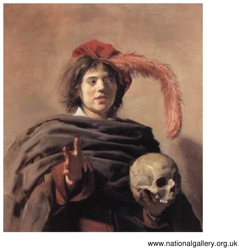 Reprodukcja obrazu Fransa Halsa „Young Man holding a Skull”: młodzieniec w czerwonym berecie z piórem i ciemnym płaszczu trzyma w dłoni ludzką czaszkę, drugą rękę wyciąga przed siebie.