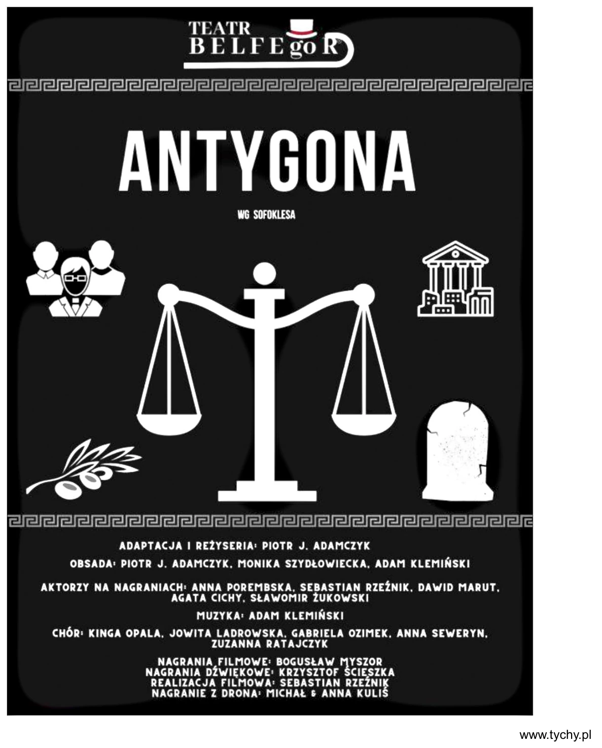 Plakat Teatru Belfegor do przedstawienia „Antygona” wg Sofoklesa: na czarnym tle waga szalkowa, a wokół niej symbole – grupa ludzi, gmach z kolumnami, gałązka oliwna i nagrobek.