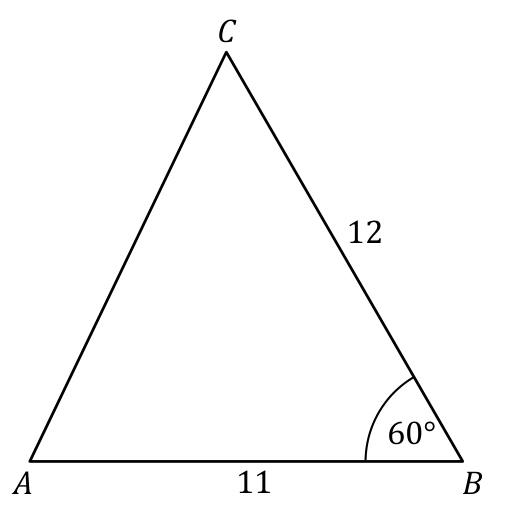 Trójkąt ABC z bokami |AB| = 11 i |BC| = 12 oraz kątem ABC o mierze 60°.
