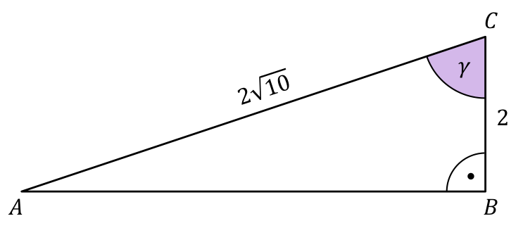 Trójkąt prostokątny ABC z kątem prostym przy B, bokami |BC| = 2 i |AC| = 2√10 oraz zaznaczonym kątem γ przy wierzchołku C.