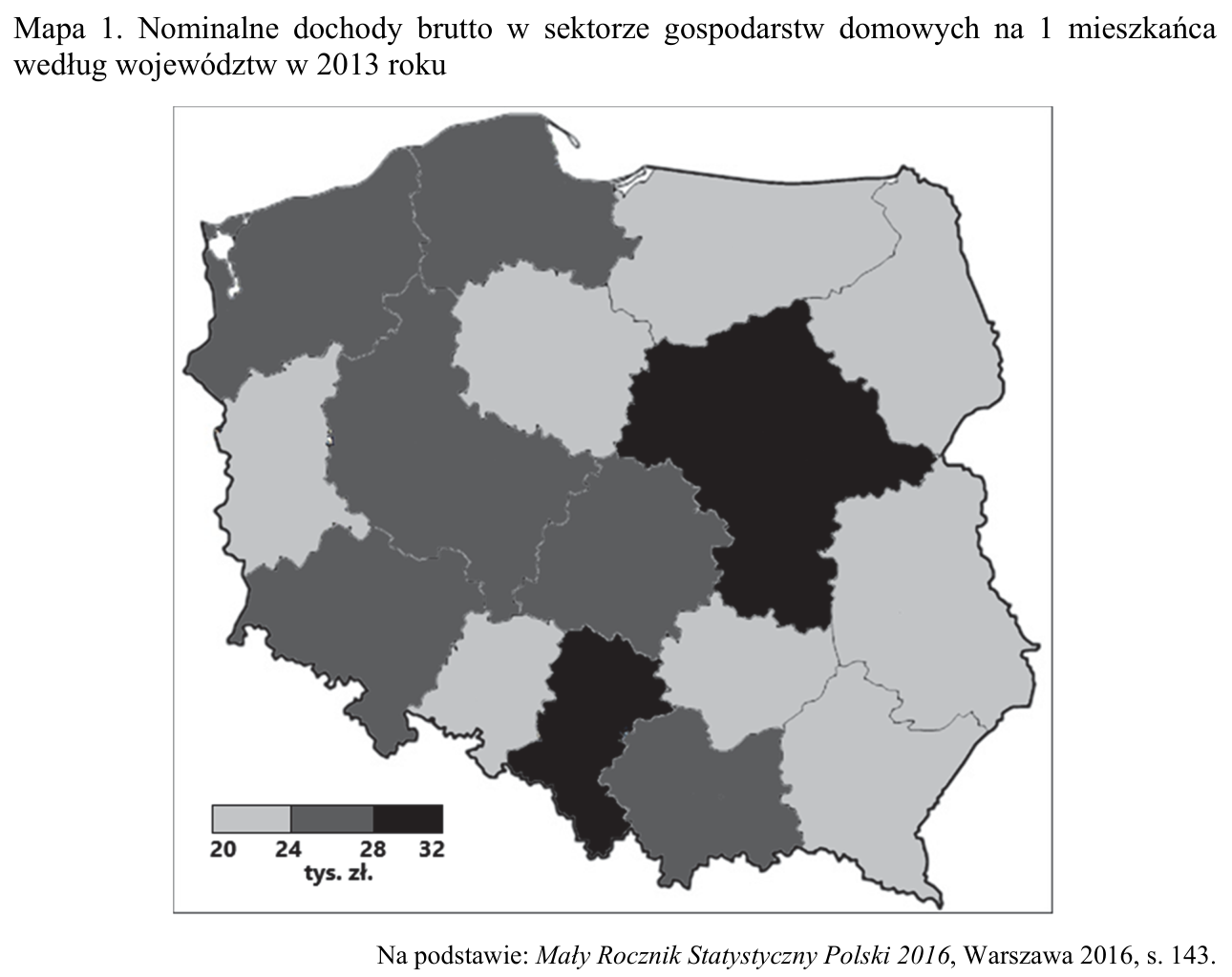 Mapa Polski z podziałem na województwa: nominalne dochody brutto w sektorze gospodarstw domowych na 1 mieszkańca w 2013 roku, w przedziałach 20–24, 24–28 i 28–32 tys. zł.