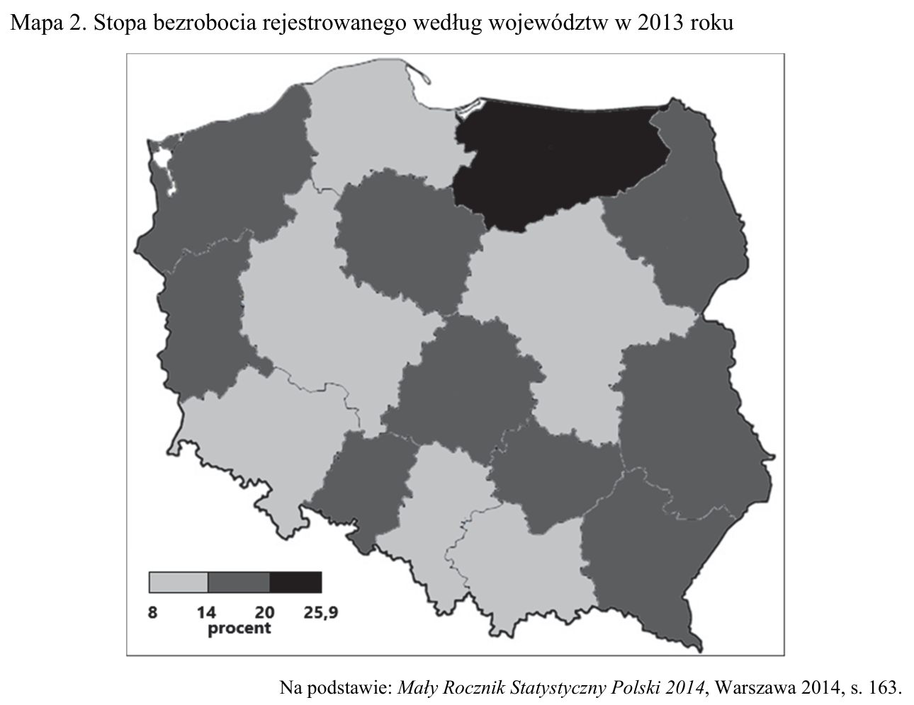 Mapa Polski z podziałem na województwa: stopa bezrobocia rejestrowanego w 2013 roku, w przedziałach 8–14, 14–20 i 20–25,9 procent.