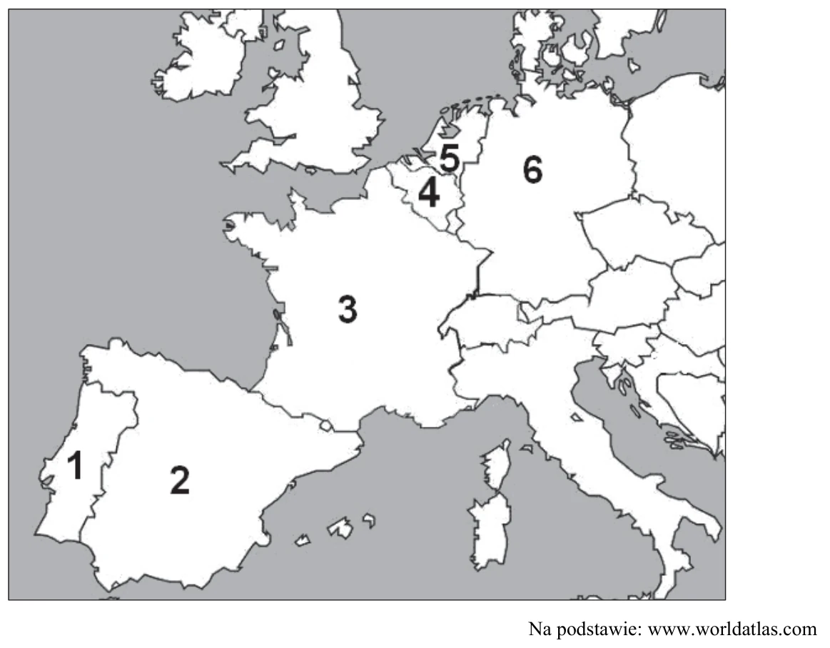 Fragment mapy politycznej Europy Zachodniej bez nazw państw; sześć państw oznaczono numerami 1–6 (Półwysep Iberyjski, państwo na północ od Pirenejów, państwa nad Morzem Północnym i na wschód od nich).