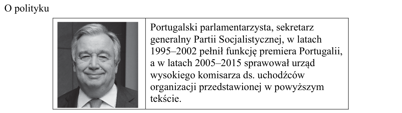 Materiał „O polityku”: fotografia portretowa portugalskiego polityka obok notki o jego karierze w Partii Socjalistycznej, rządzie Portugalii i agendzie ds. uchodźców.