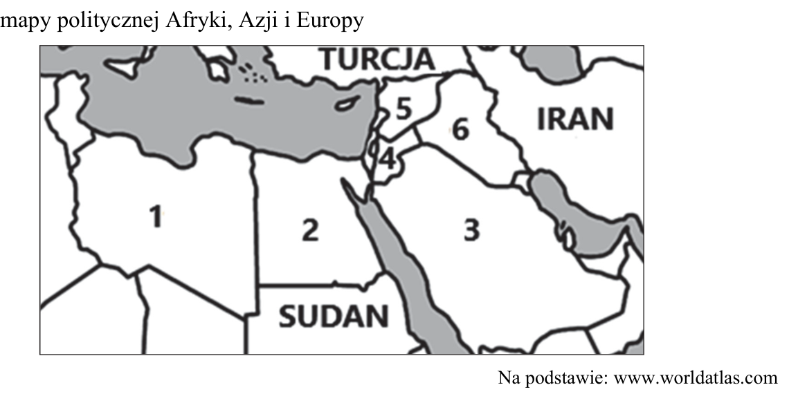 Fragment mapy politycznej Afryki, Azji i Europy z państwami oznaczonymi numerami 1–6; podpisane są Turcja, Iran i Sudan.