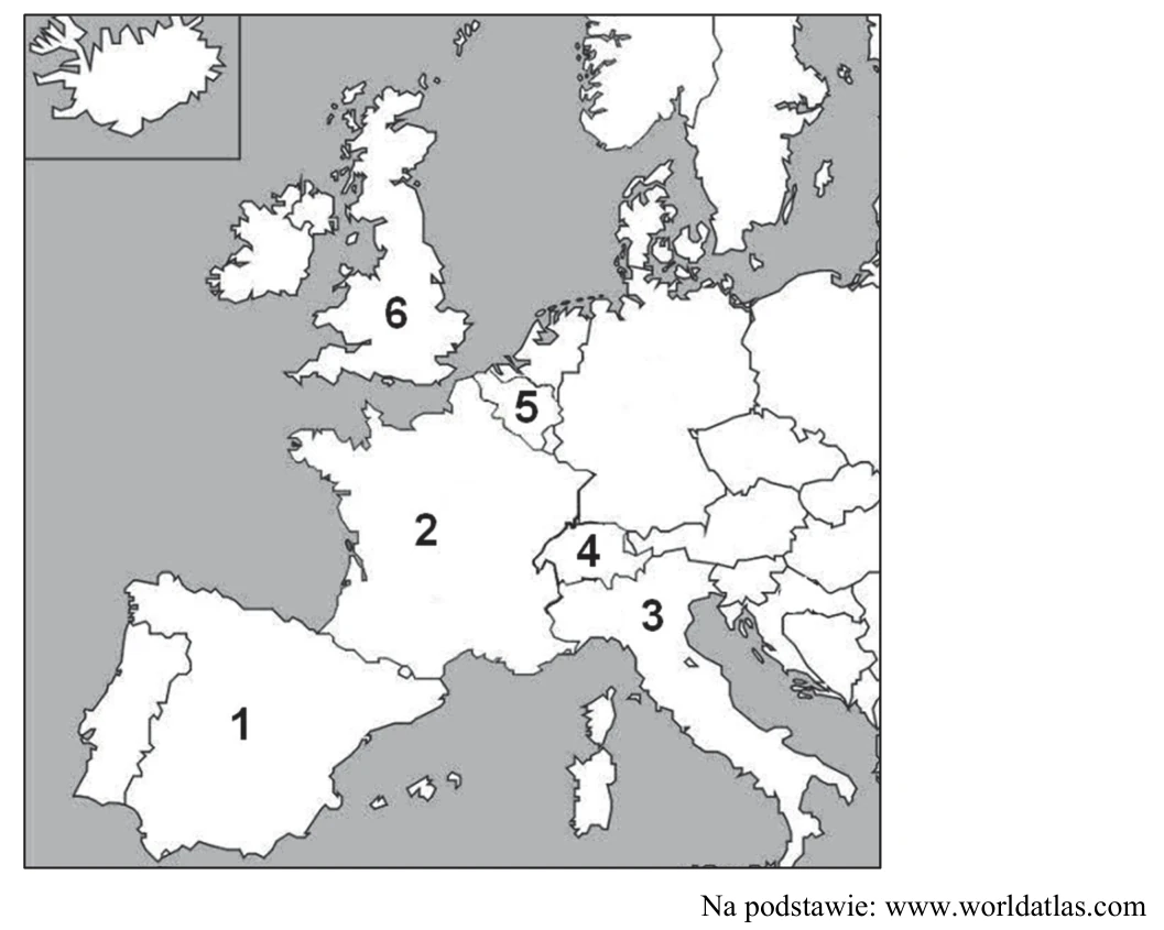 Fragment mapy politycznej Europy Zachodniej bez nazw państw; sześć państw oznaczono numerami 1–6 (m.in. na Półwyspie Iberyjskim, Apenińskim, w Alpach i na Wielkiej Brytanii).