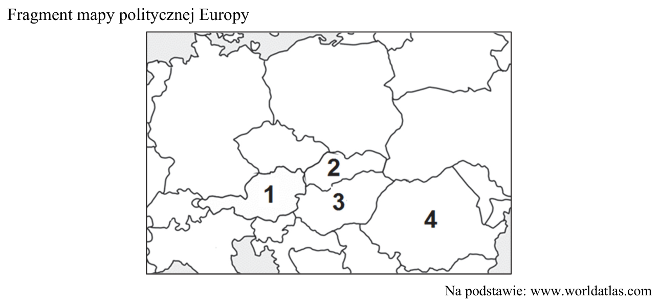Fragment mapy politycznej Europy Środkowej z czterema państwami oznaczonymi numerami 1–4.