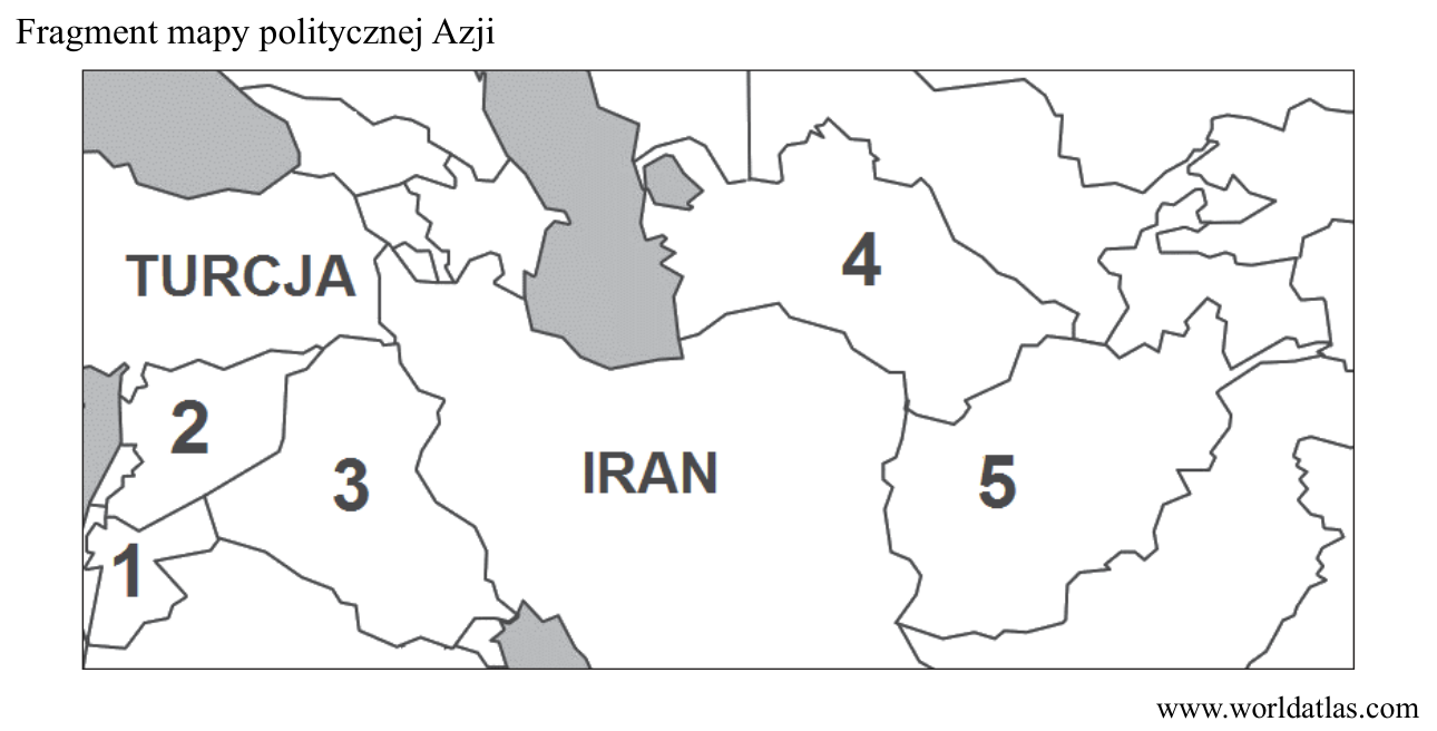 Fragment mapy politycznej Azji z państwami oznaczonymi numerami 1–5; podpisane są Turcja i Iran.