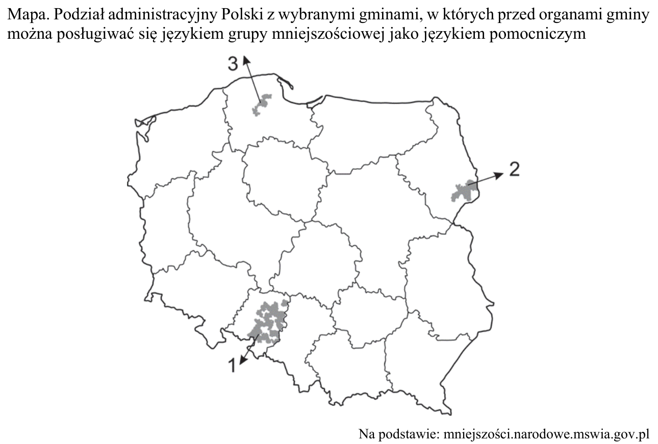 Mapa podziału administracyjnego Polski z trzema skupiskami gmin oznaczonymi numerami 1–3, w których można posługiwać się językiem grupy mniejszościowej jako językiem pomocniczym.