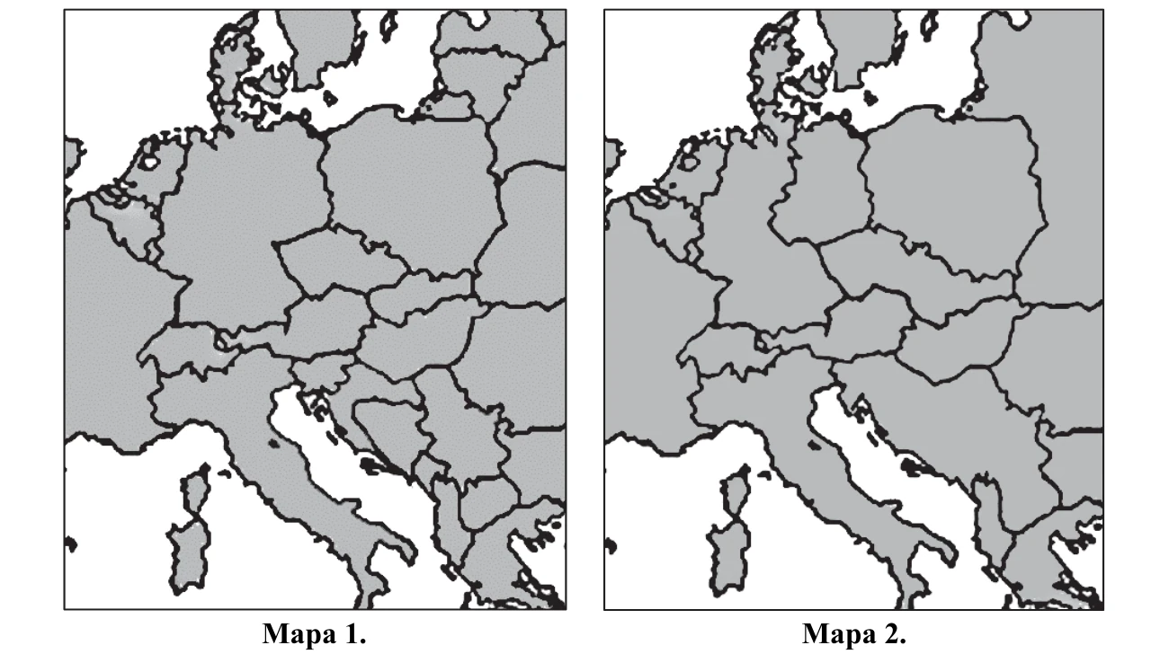 Dwa fragmenty map politycznych Europy Środkowej i Bałkanów z przełomu XX i XXI wieku, oznaczone jako Mapa 1. i Mapa 2., różniące się granicami państw.