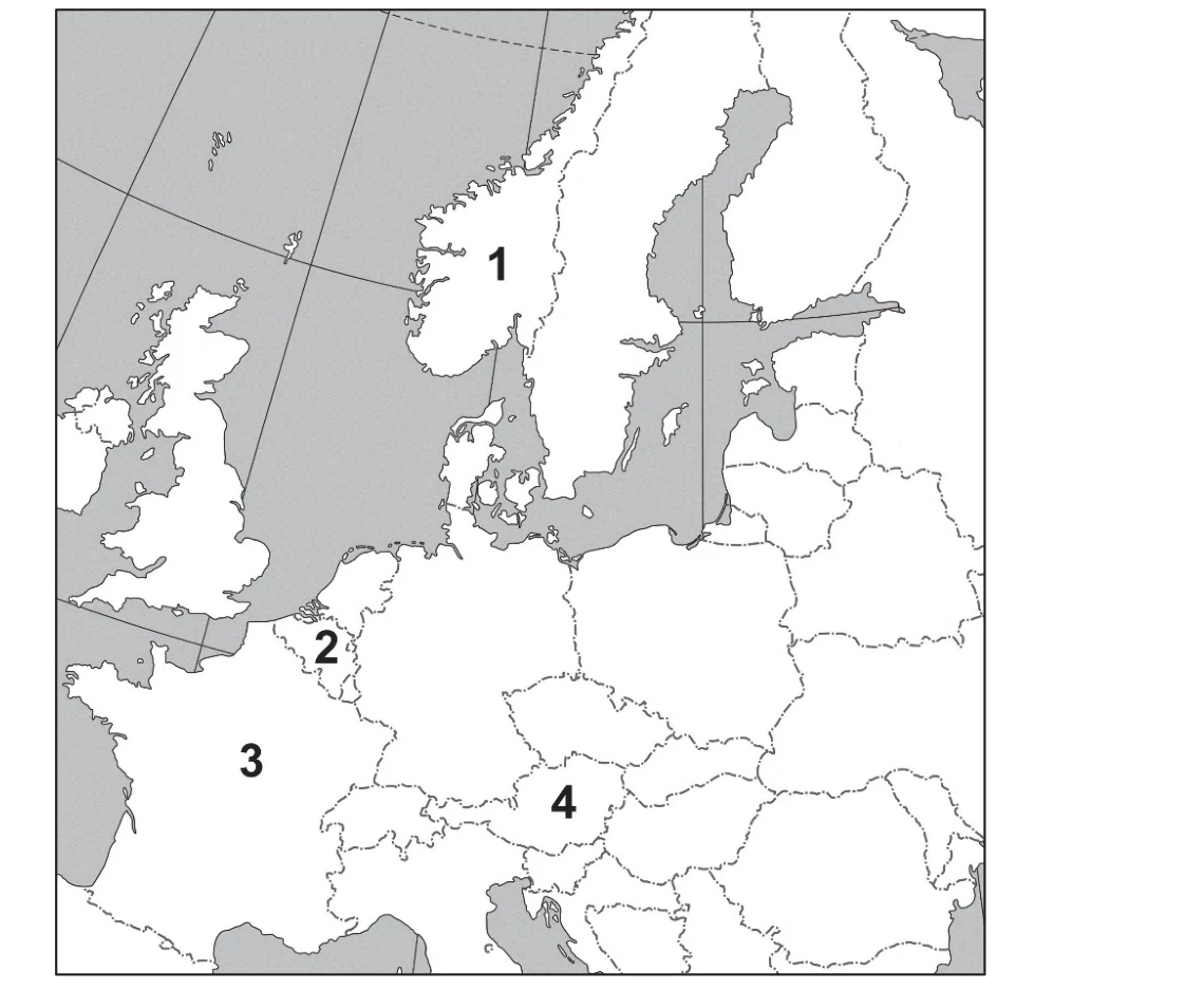 Fragment mapy politycznej Europy z czterema państwami oznaczonymi numerami 1–4 (w Skandynawii, nad Morzem Północnym, w Europie Zachodniej i Środkowej).