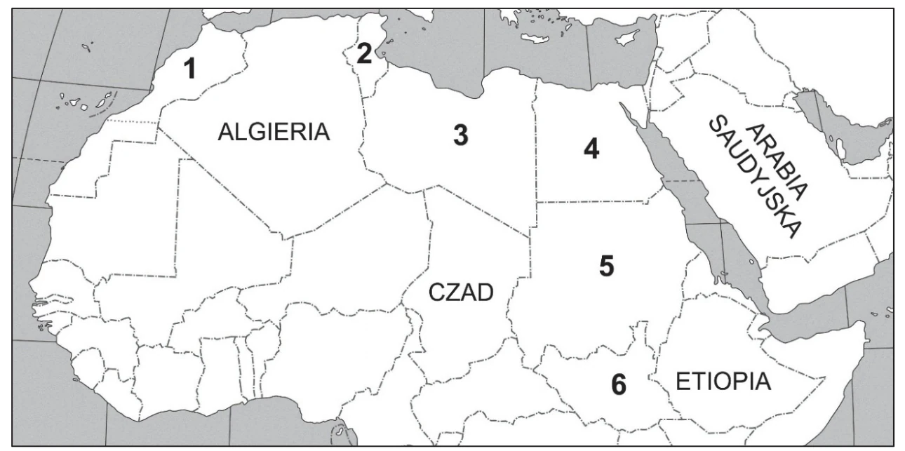 Fragment mapy politycznej Afryki, Azji i Europy z państwami Afryki Północnej i Północno-Wschodniej oznaczonymi numerami 1–6; podpisane są Algieria, Czad, Etiopia i Arabia Saudyjska.