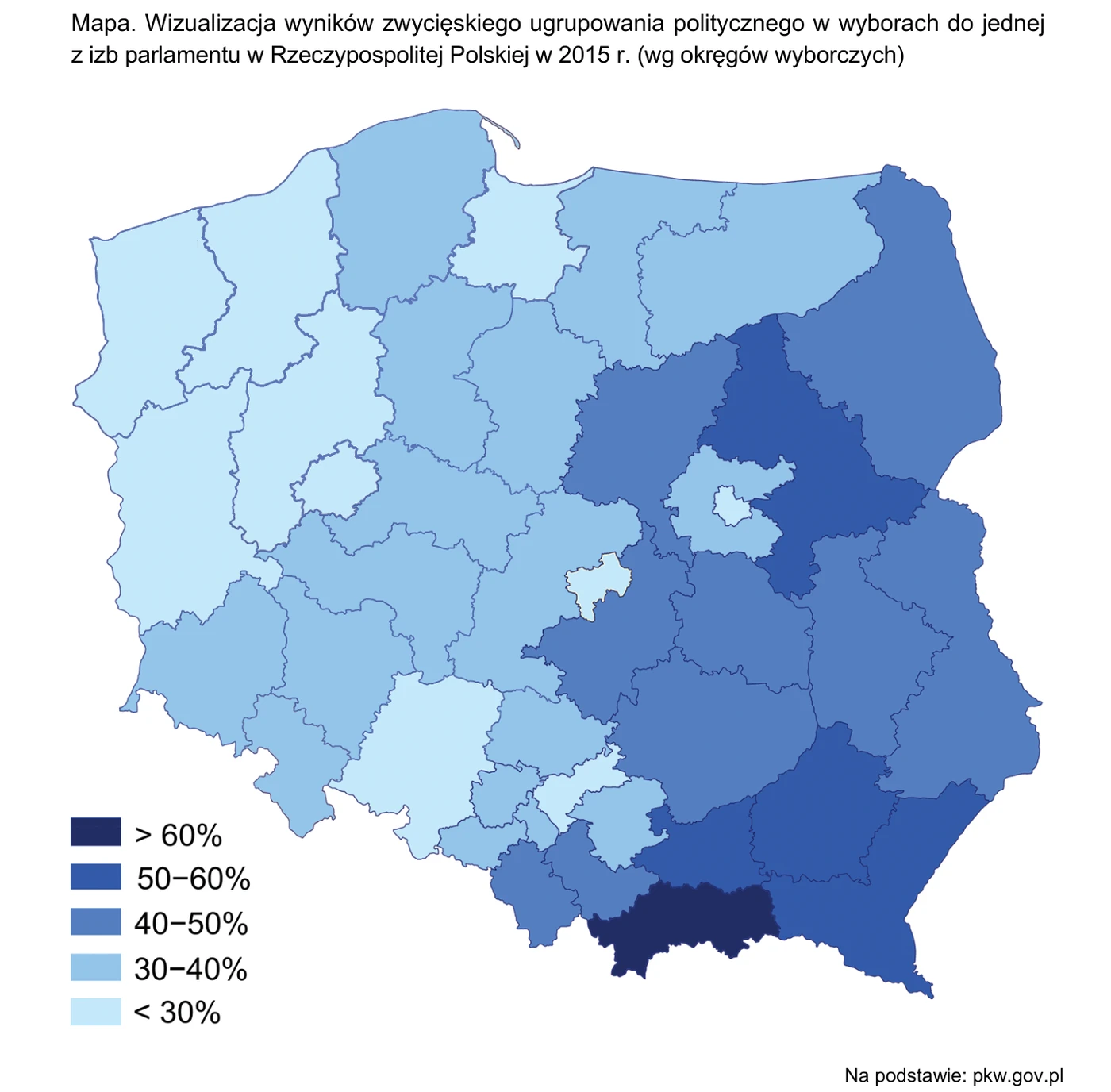 Mapa Polski z okręgami wyborczymi pokolorowanymi według wyniku zwycięskiego ugrupowania w wyborach do jednej z izb parlamentu w 2015 roku (przedziały od poniżej 30% do ponad 60%).