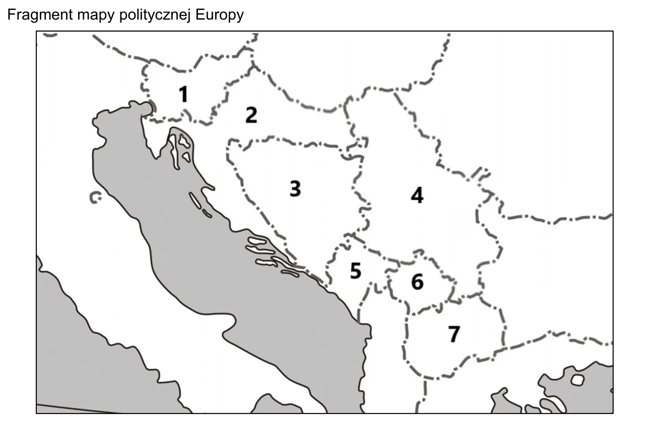 Fragment mapy politycznej Bałkanów Zachodnich z siedmioma państwami oznaczonymi numerami 1–7.