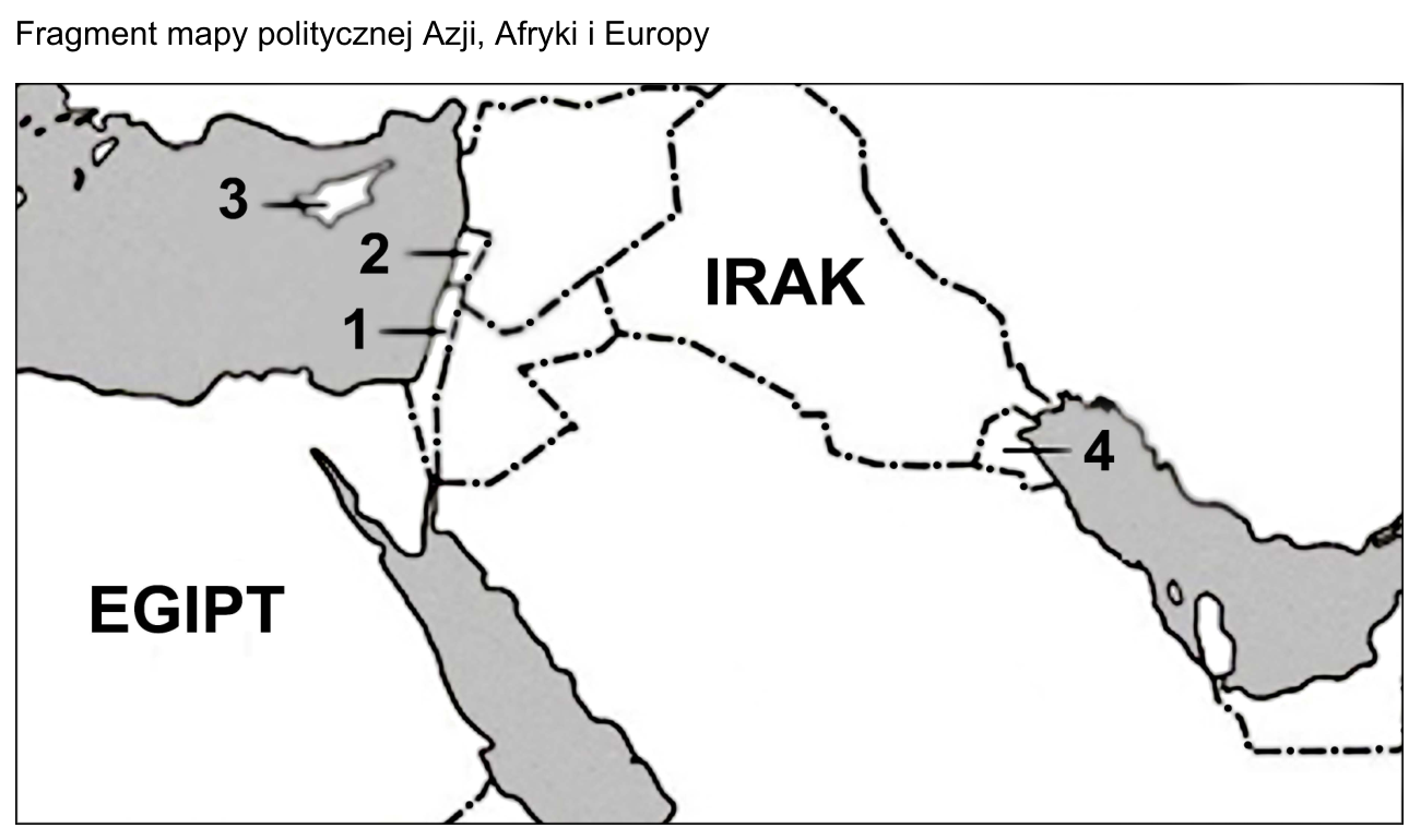 Fragment mapy politycznej Azji, Afryki i Europy (Bliski Wschód) z obszarami oznaczonymi numerami 1–4; podpisane są Egipt i Irak.