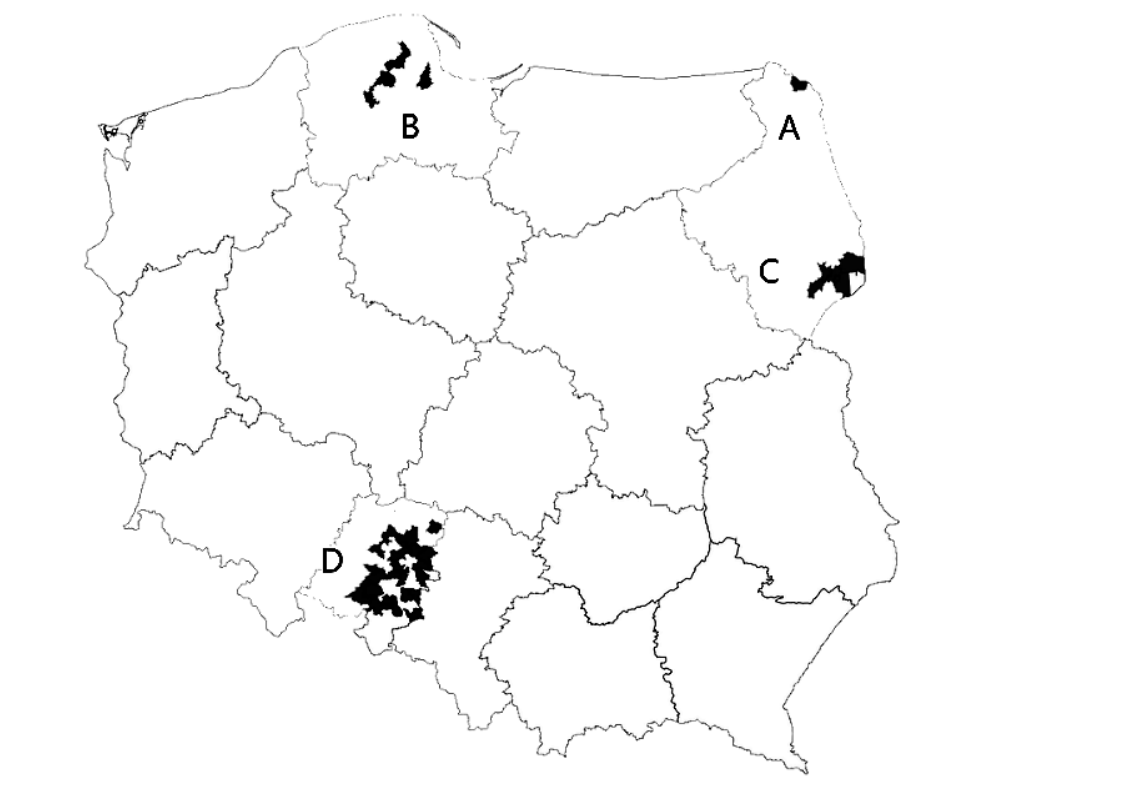 Mapa administracyjna Polski z czterema skupiskami gmin oznaczonymi literami A–D, w których wprowadzono język pomocniczy.