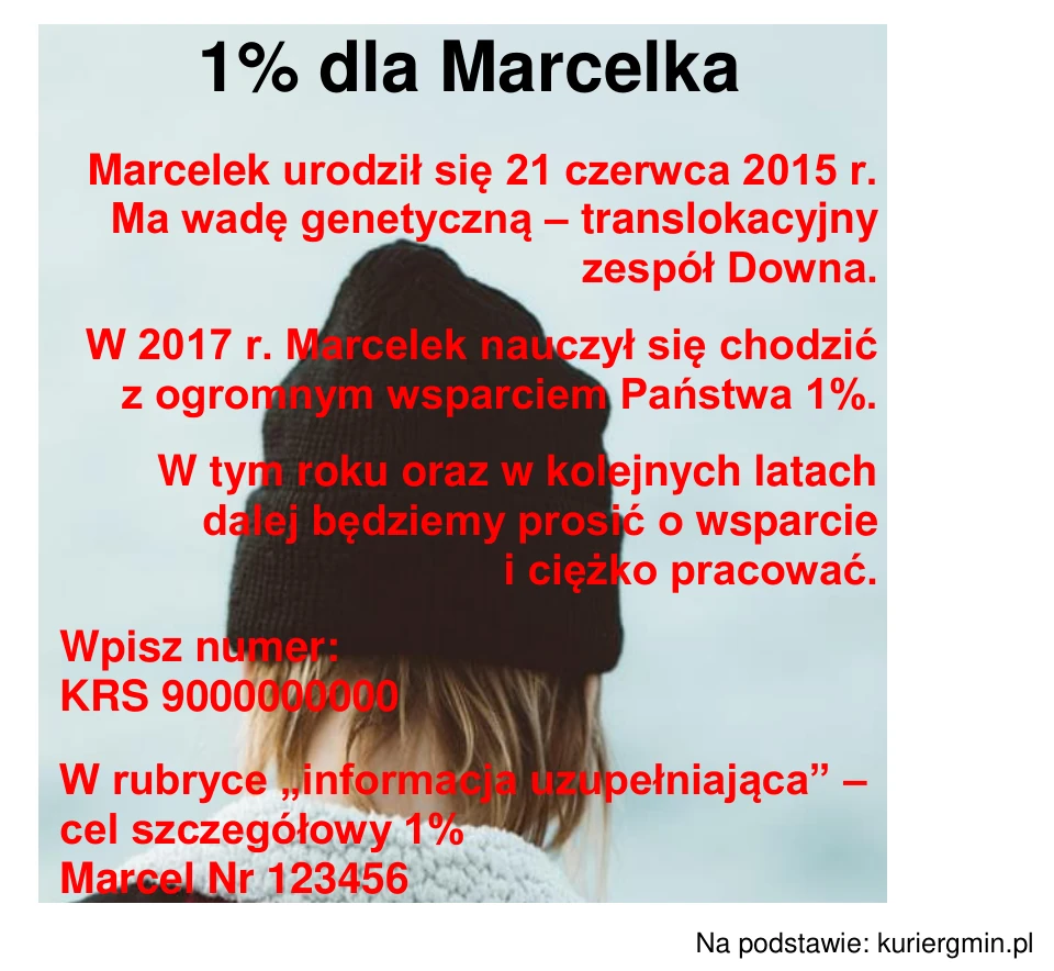 Reklama „1% dla Marcelka”: fotografia dziecka w czapce z tekstem zachęcającym do wsparcia, numerem KRS i celem szczegółowym.