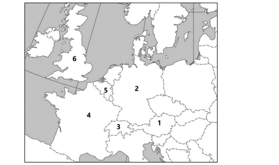 Fragment mapy politycznej Europy Zachodniej i Środkowej z sześcioma państwami oznaczonymi numerami 1–6.