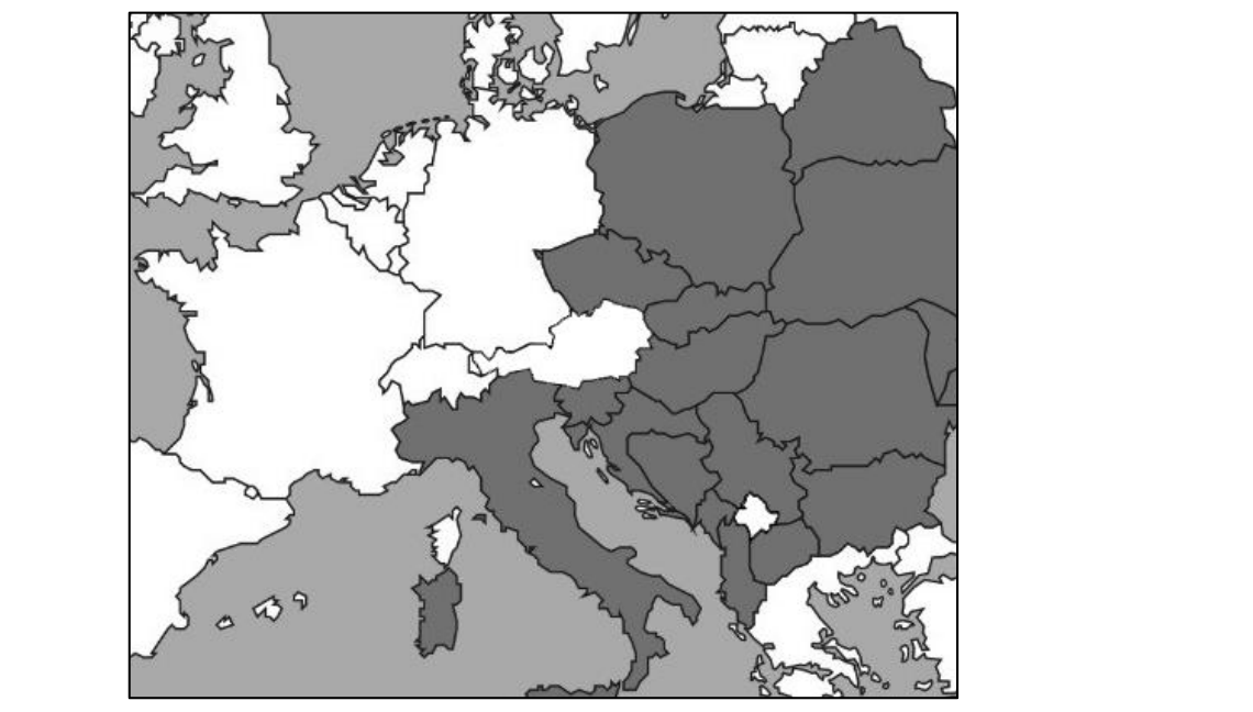 Fragment mapy politycznej Europy i Azji, na którym kolorem ciemnoszarym zaznaczono państwa Europy Środkowo-Wschodniej, Włochy i Bałkany.