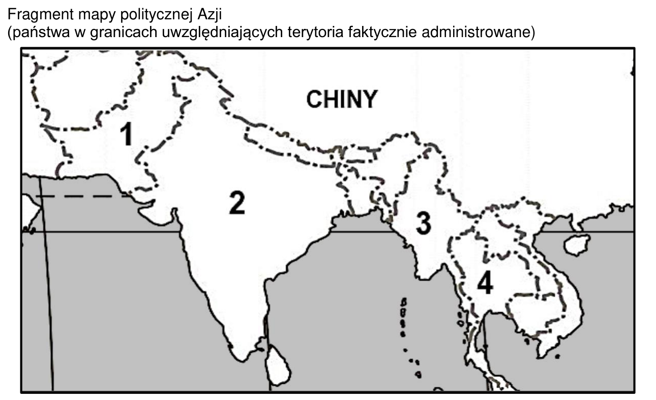 Fragment mapy politycznej Azji Południowej z państwami oznaczonymi numerami 1–4 (granice uwzględniają terytoria faktycznie administrowane); podpisane są Chiny.