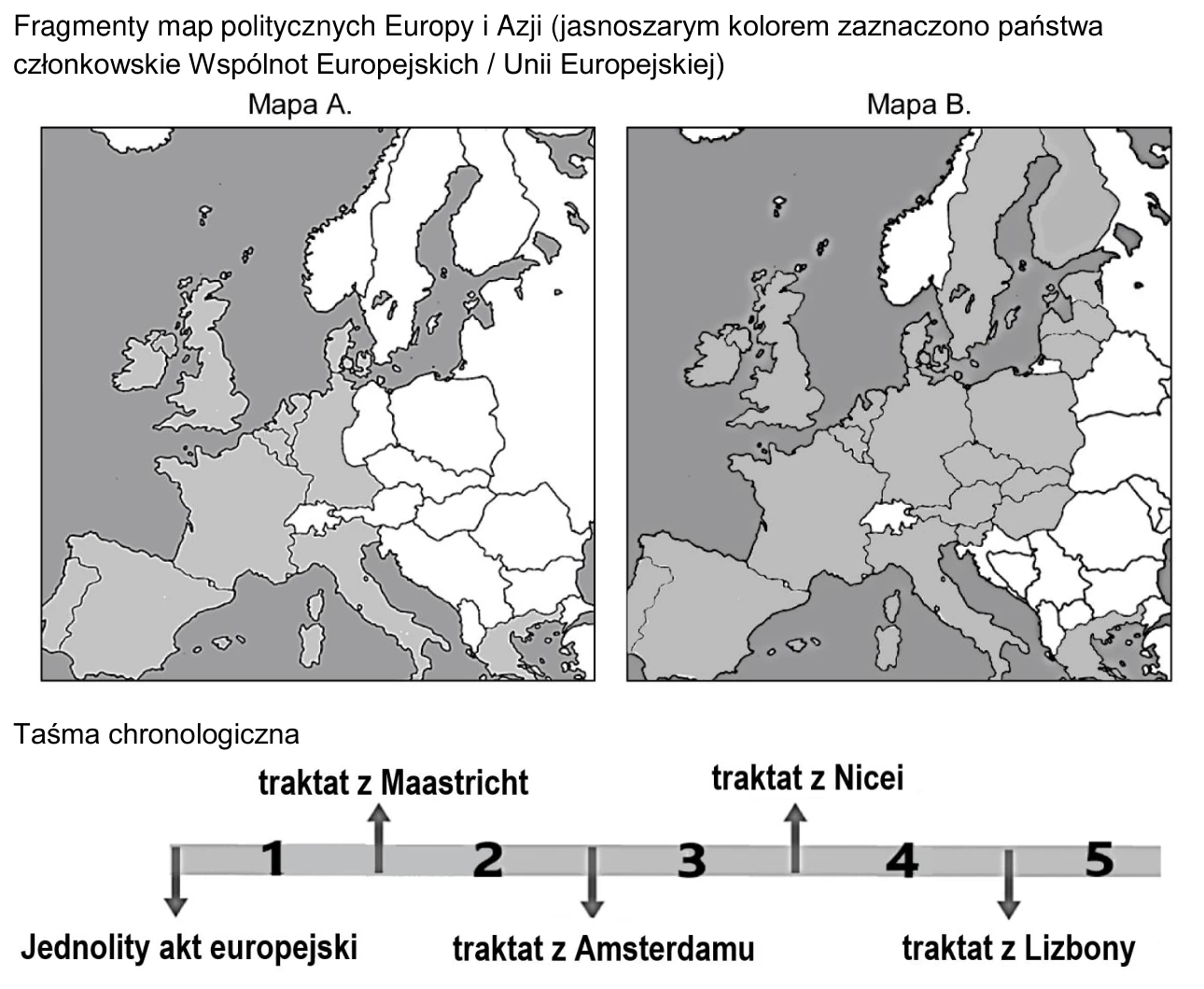 Dwie mapy Europy (A i B) z państwami Wspólnot Europejskich / Unii Europejskiej zaznaczonymi kolorem jasnoszarym oraz taśma chronologiczna z traktatami i okresami 1–5.