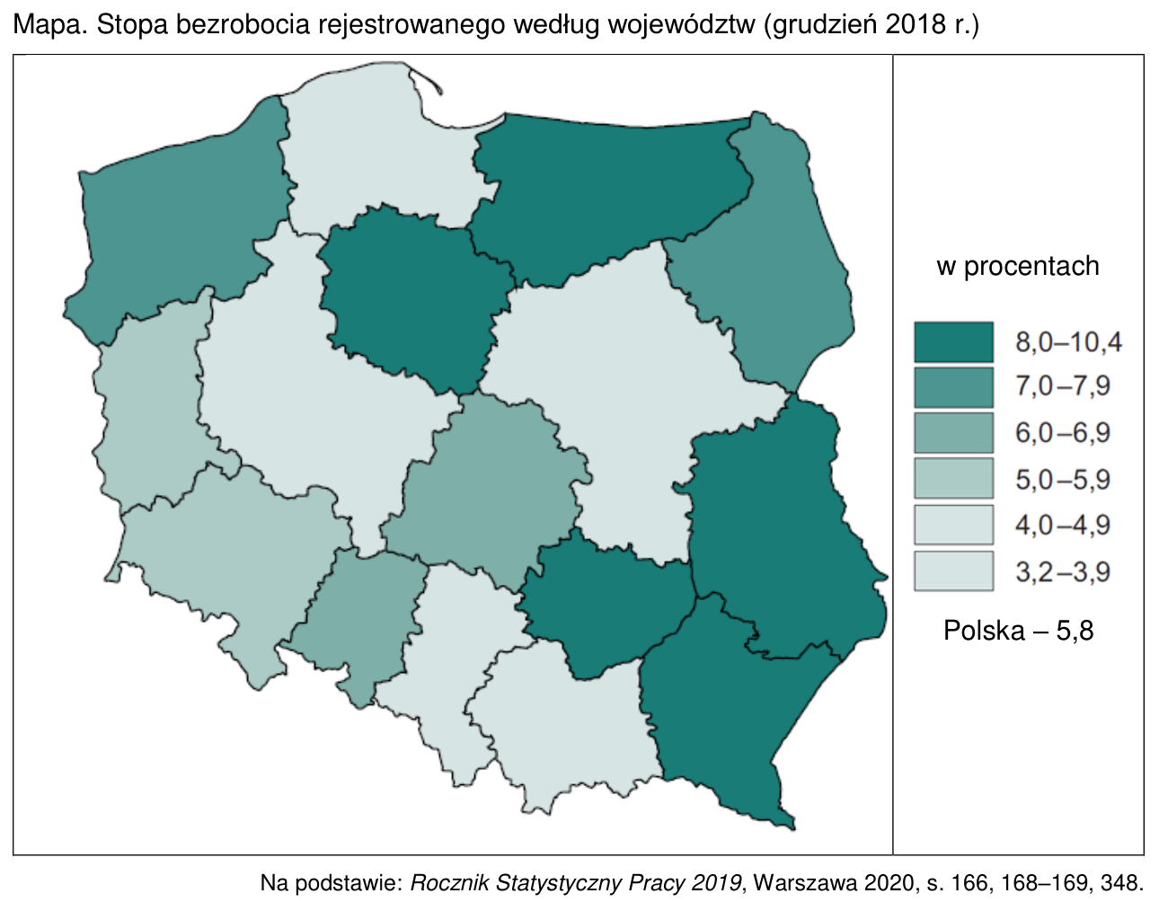 Mapa Polski: stopa bezrobocia rejestrowanego według województw w grudniu 2018 roku, w przedziałach od 3,2–3,9% do 8,0–10,4%; Polska – 5,8%.