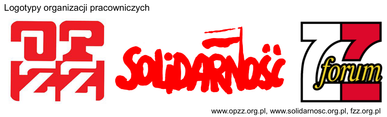 Logotypy trzech organizacji pracowniczych: OPZZ, NSZZ „Solidarność” i Forum Związków Zawodowych.