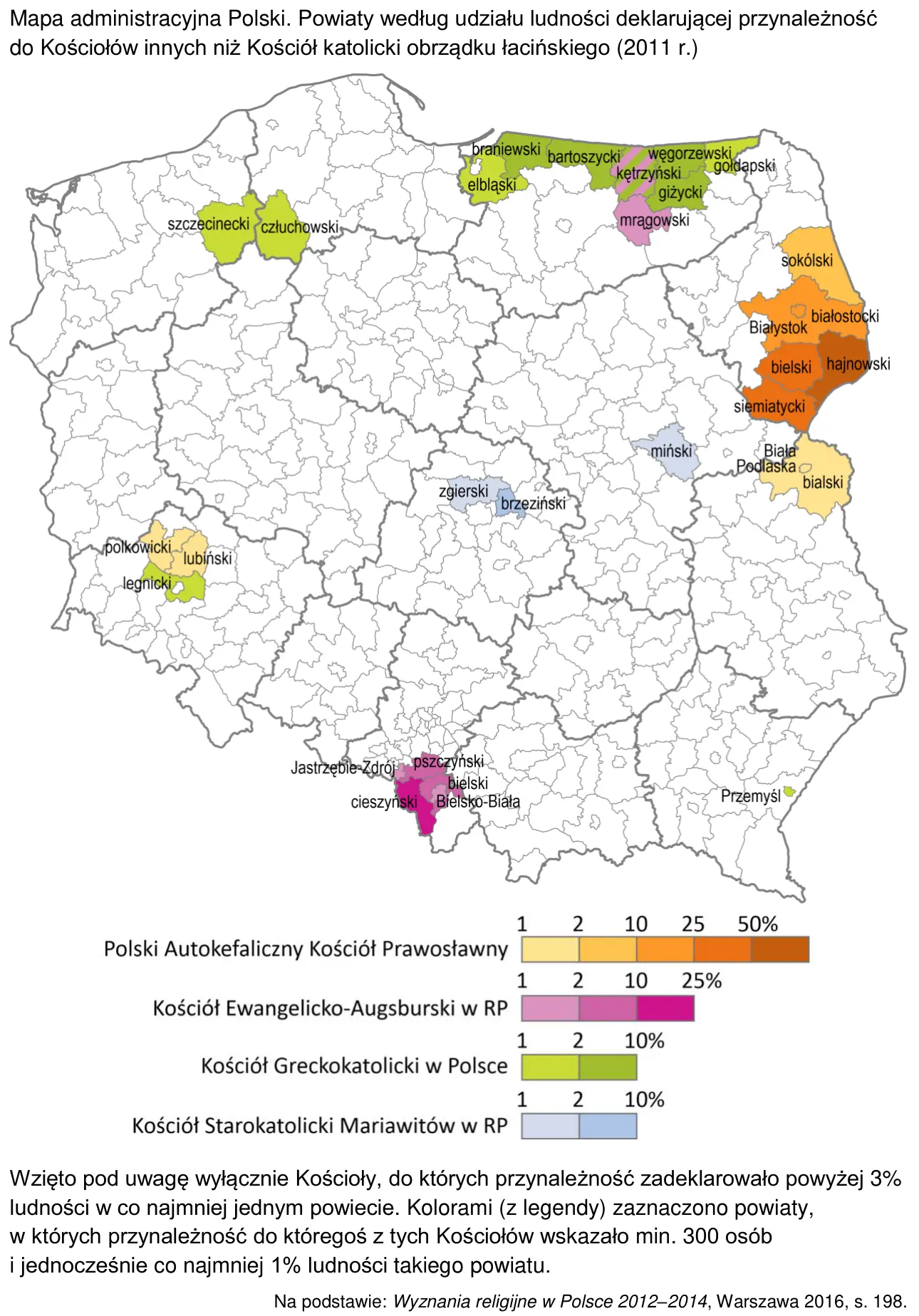 Mapa powiatów Polski według udziału ludności należącej do Kościoła prawosławnego, ewangelicko-augsburskiego, greckokatolickiego i starokatolickiego mariawitów w 2011 roku, z legendą przedziałów.